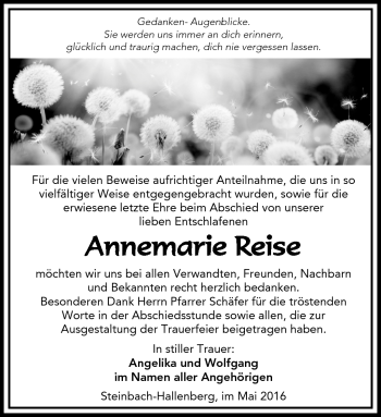 Traueranzeige von Annemarie Reise von Südthüringer Presse