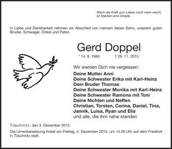 Traueranzeige von Gerd Doppel von Neue Presse Coburg