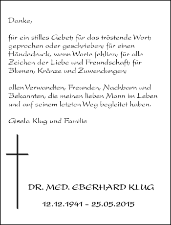 Traueranzeige von Eberhard Klug von Frankenpost