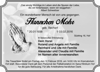 Traueranzeige von Hannchen Mohr von Frankenpost