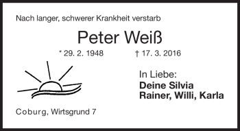 Traueranzeige von Peter Weiß von Neue Presse Coburg