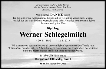 Traueranzeige von Werner Schlegelmilch von Südthüringer Presse