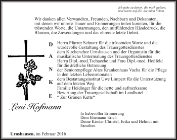 Traueranzeige von Leni Hofmann von Südthüringer Presse