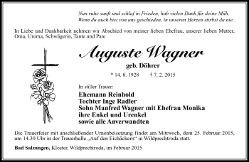 Traueranzeige von Auguste Wagner von Südthüringer Presse