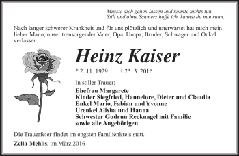 Traueranzeige von Heinz Kaiser von Südthüringer Presse