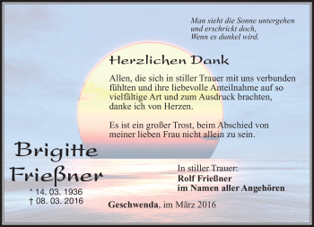 Traueranzeige von Brigitte Frießner von Südthüringer Presse
