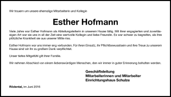 Traueranzeige von Esther Hofmann von Neue Presse Coburg