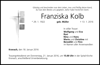 Traueranzeige von Franziska Kolb von Neue Presse Coburg