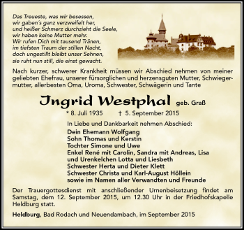 Traueranzeige von Ingrid Westphal von Südthüringer Presse