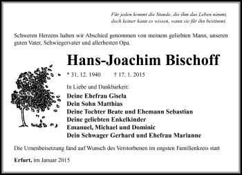 Traueranzeige von Hans-Joachim Bischoff von Südthüringer Presse