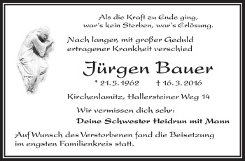 Traueranzeige von Jürgen Bauer von Frankenpost