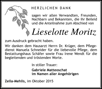 Traueranzeige von Lieselotte Moritz von Südthüringer Presse