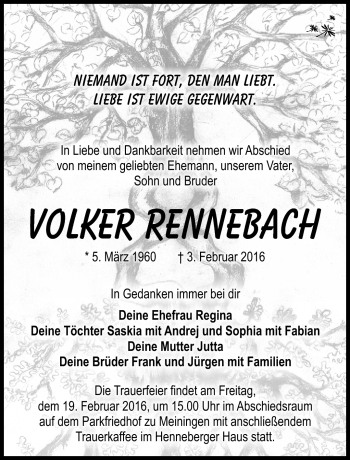 Traueranzeige von Volker Rennebach von Südthüringer Presse