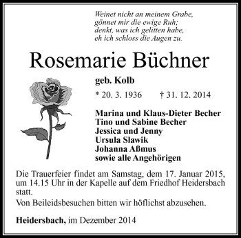 Traueranzeige von Rosemarie Büchner von Südthüringer Presse