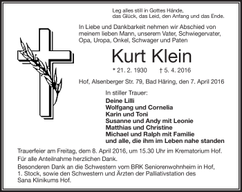 Traueranzeige von Kurt Klein von Frankenpost