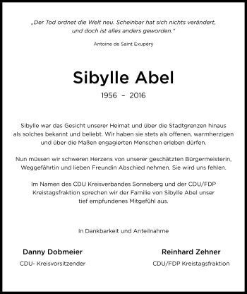 Traueranzeige von Sibylle Abel von Südthüringer Presse