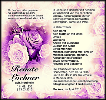 Traueranzeige von Renate Löchner von Südthüringer Presse