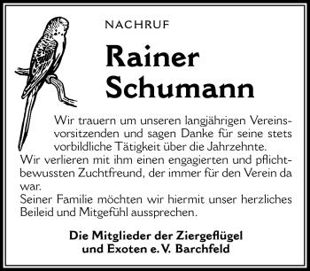 Traueranzeige von Rainer Schumann von Südthüringer Presse