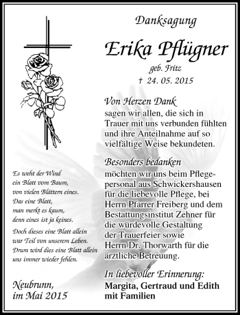 Traueranzeige von Erika Pflügner von Südthüringer Presse