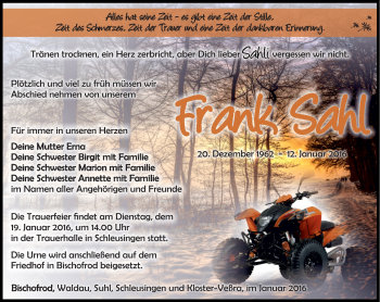 Traueranzeige von Frank Sahl von Südthüringer Presse