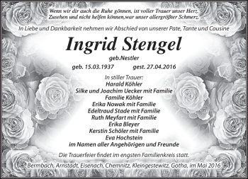 Traueranzeige von Ingrid Stengel von Südthüringer Presse