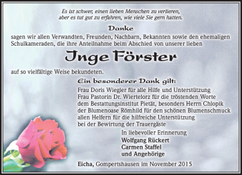 Traueranzeige von Inge Förster von Südthüringer Presse