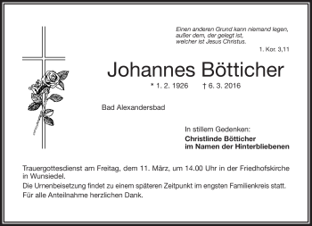 Traueranzeige von Johannes Bötticher von Frankenpost