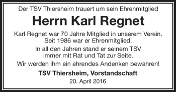 Traueranzeige von Karl Regnet von Frankenpost