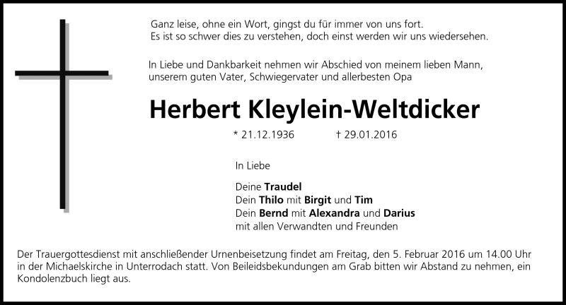  Traueranzeige für Herbert Kleylein-Weltdicker vom 02.02.2016 aus Neue Presse Coburg