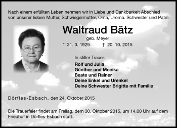 Traueranzeige von Waltraud Bätz von Neue Presse Coburg