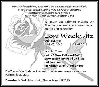 Traueranzeige von Loni Wackwitz von Südthüringer Presse