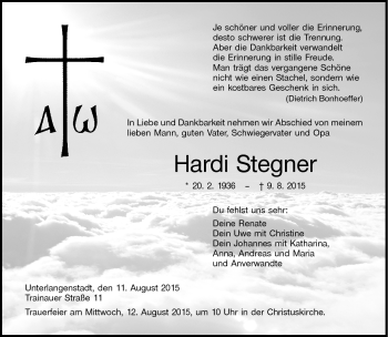 Traueranzeige von Hardi Stegner von Neue Presse Coburg