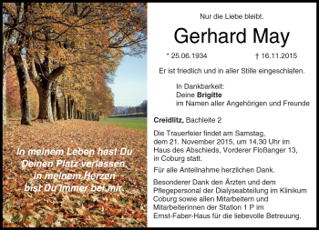 Traueranzeige von Gerhard May von Neue Presse Coburg
