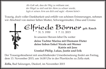 Traueranzeige von Elfriede Börner von Südthüringer Presse