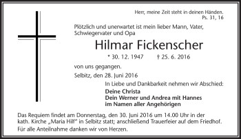 Traueranzeige von Hilmar Fickenscher von Frankenpost