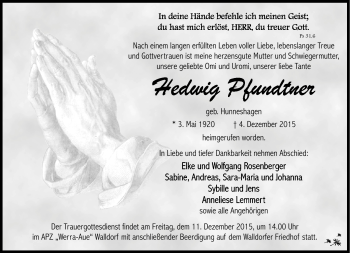 Traueranzeige von Hedwig Pfundtner von Südthüringer Presse