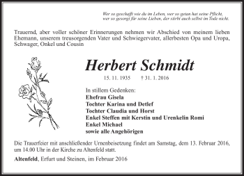 Traueranzeige von Herbert Schmidt von Südthüringer Presse