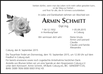 Traueranzeige von Armin Schmitt von Neue Presse Coburg
