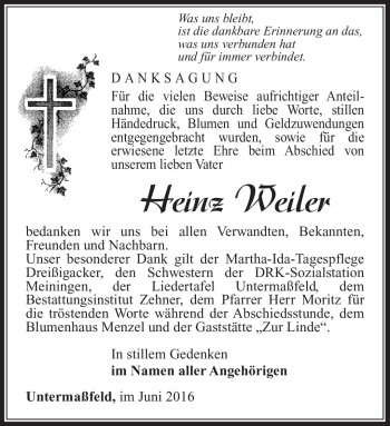 Traueranzeige von Heinz Weiler von Südthüringer Presse