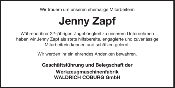 Traueranzeige von Jenny Zapf von Neue Presse Coburg