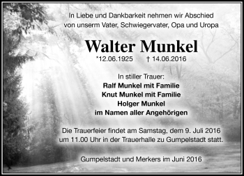 Traueranzeige von Walter Munkel von Südthüringer Presse