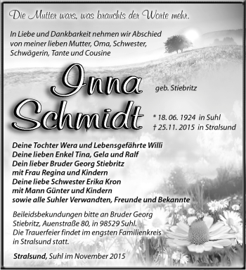 Traueranzeige von Inna Schmdit von Südthüringer Presse