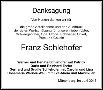 Traueranzeige von Franz Schlehofer von Frankenpost