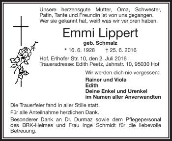 Traueranzeige von Emmi Lippert von Frankenpost
