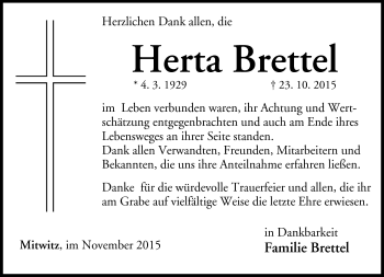 Traueranzeige von Herta Brettel von Neue Presse Coburg