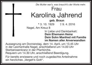 Traueranzeige von Karolina Jahrend von Frankenpost