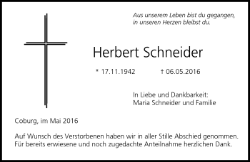 Traueranzeige von Herbert Schneider von Neue Presse Coburg