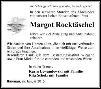 Traueranzeige von Margot Rocktäschel von Südthüringer Presse