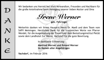 Traueranzeige von Irene Werner von Südthüringer Presse