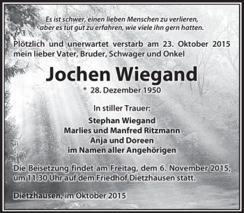 Traueranzeige von Jochen Wiegand von Südthüringer Presse